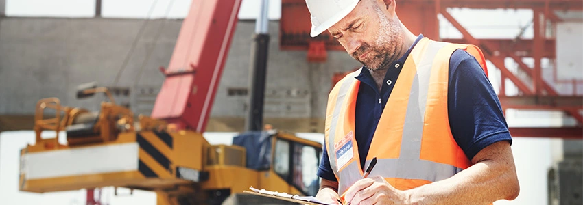 person in white hard hat with clipboard and hi-vis vest on construction site 